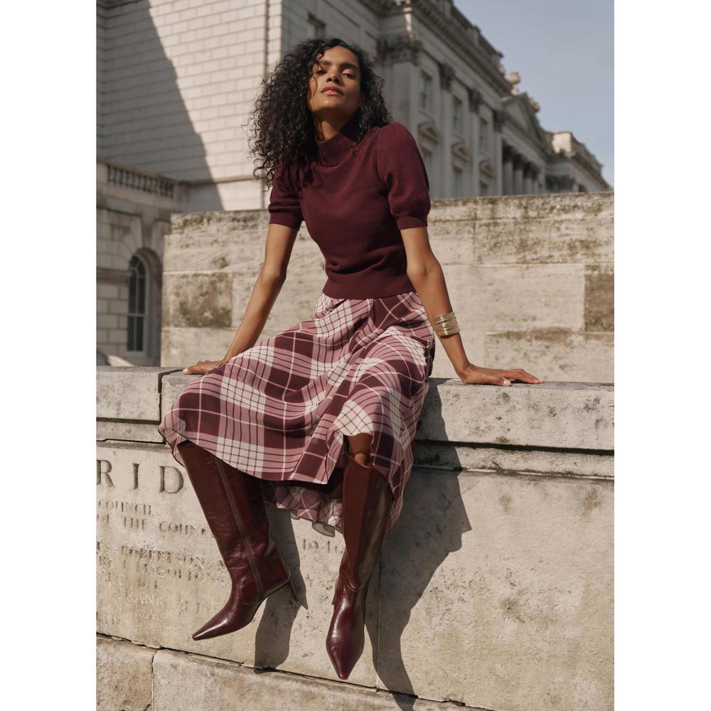 Mint Velvet Burgundy Checked Layered Midi Dress